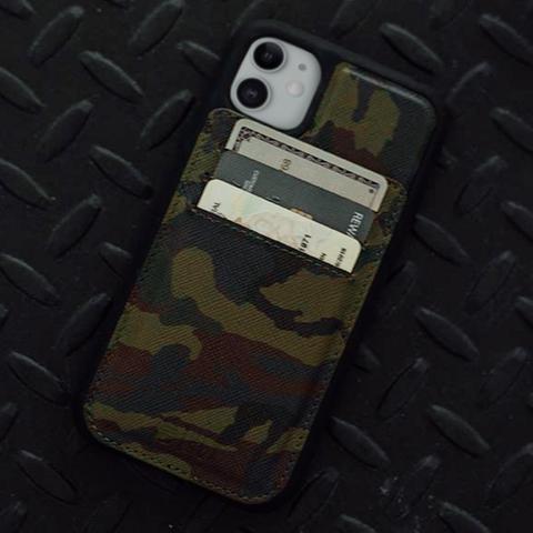 HEX Camo Leather 4-in-1 Case for iPhone 11 Pro, rear view, with credit cards, placed on countertop