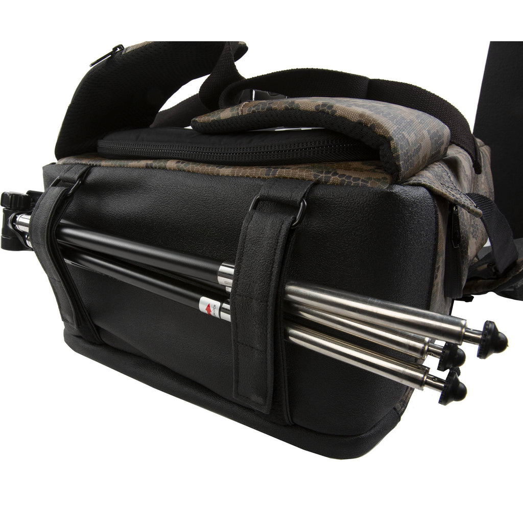 HEX x Rory Kramer Cinema Backpack, camo pattern, bottom view, showing tripod strapped to bottom of pack 