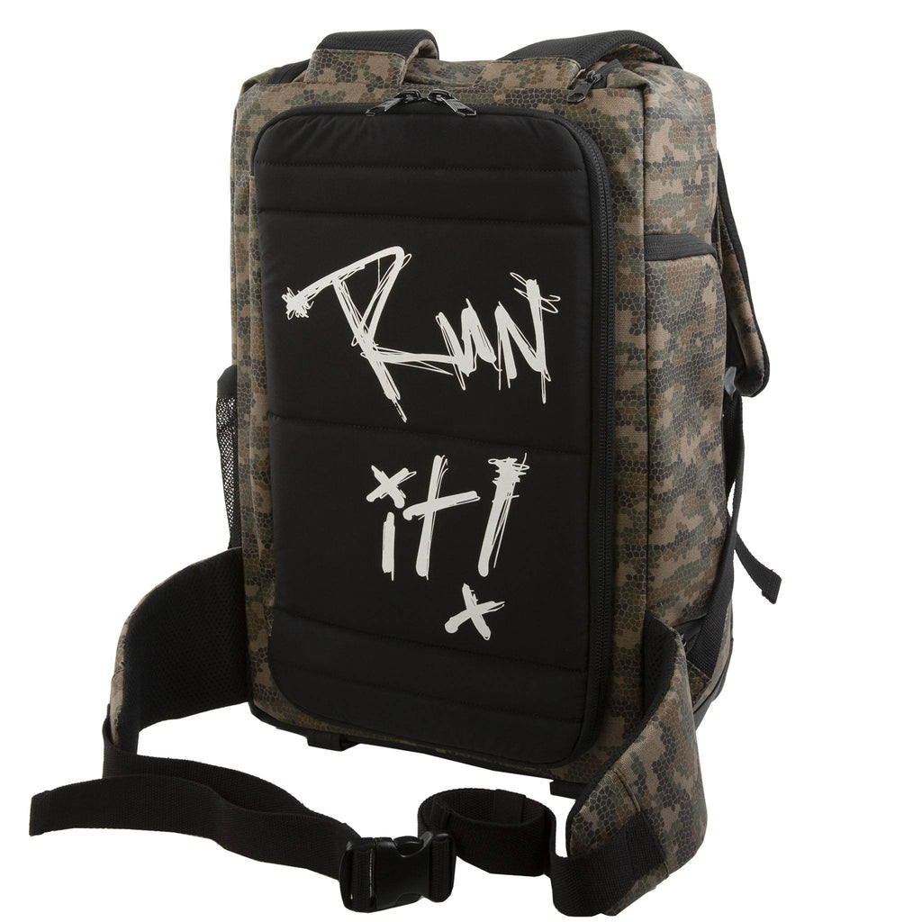 HEX x Rory Kramer Cinema Backpack, camo pattern, rear view, showing 'Run It!' text printed on back