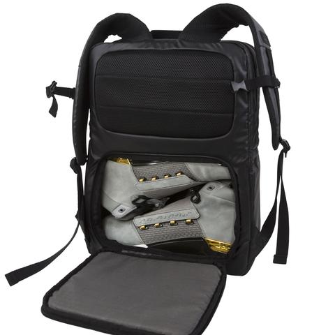 HEX Nero Sneaker Backpack, black, rear view, with shoe compartment unzipped to show storage