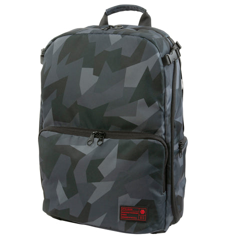 Front view of the Hex Ranger Clamshell Glacier Camo DSLR Backpack with the accessory pocket and main compartment closed
