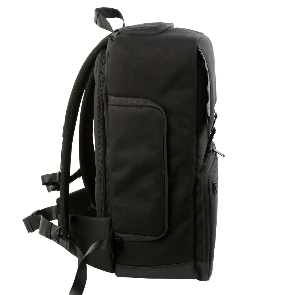 Side view of the Hex Black Cinema Backpack showing the side zipper access pocket to the main compartment with the zipper closed