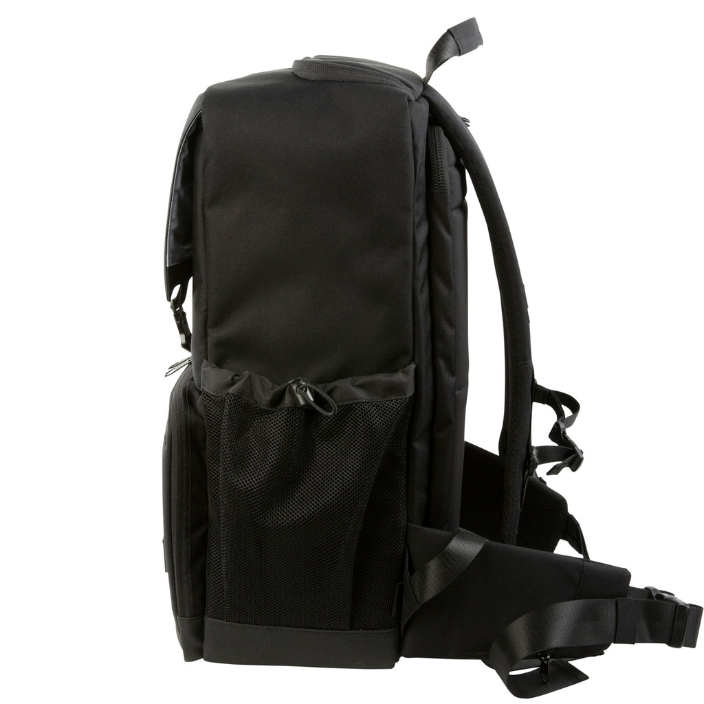 Side view of the Hex Black Cinema Backpack showing the mesh water bottle slot with the cinch tightening cord pulled tight