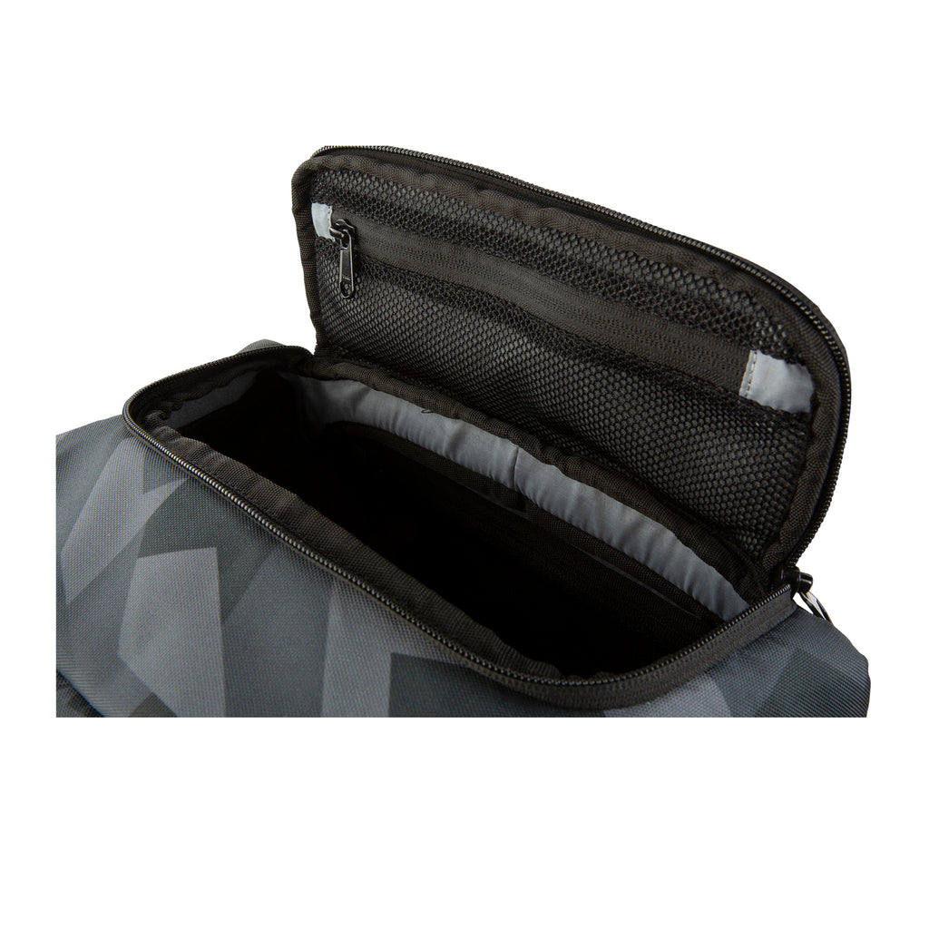 Glacier Cinema Backpack, Grey Camo. Photo of pocket on top of bag that accesses main compartment.