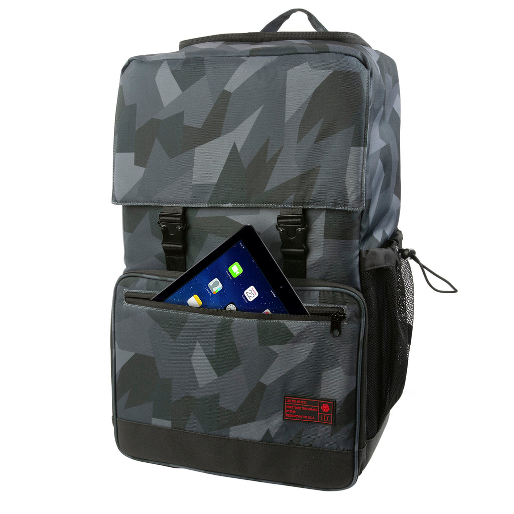 Glacier Cinema Backpack, Grey Camo. Front view with tablet in accessory pocket.