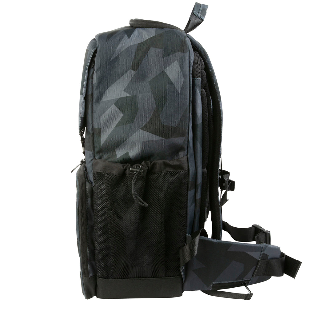 Glacier Cinema Backpack, Grey Camo. Side view with accessory pocket.