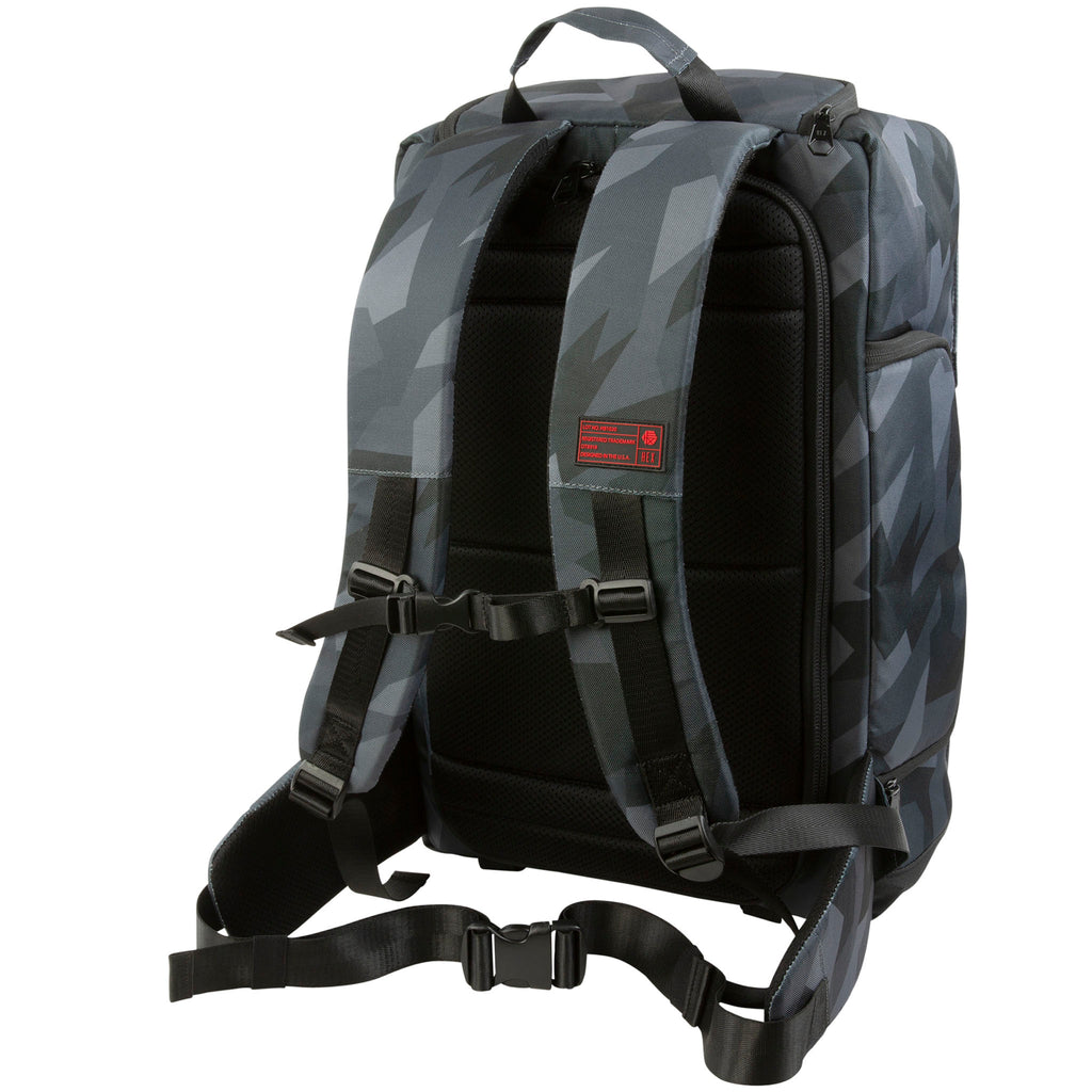 Glacier Cinema Backpack, Grey Camo. View of back with shoulder straps.