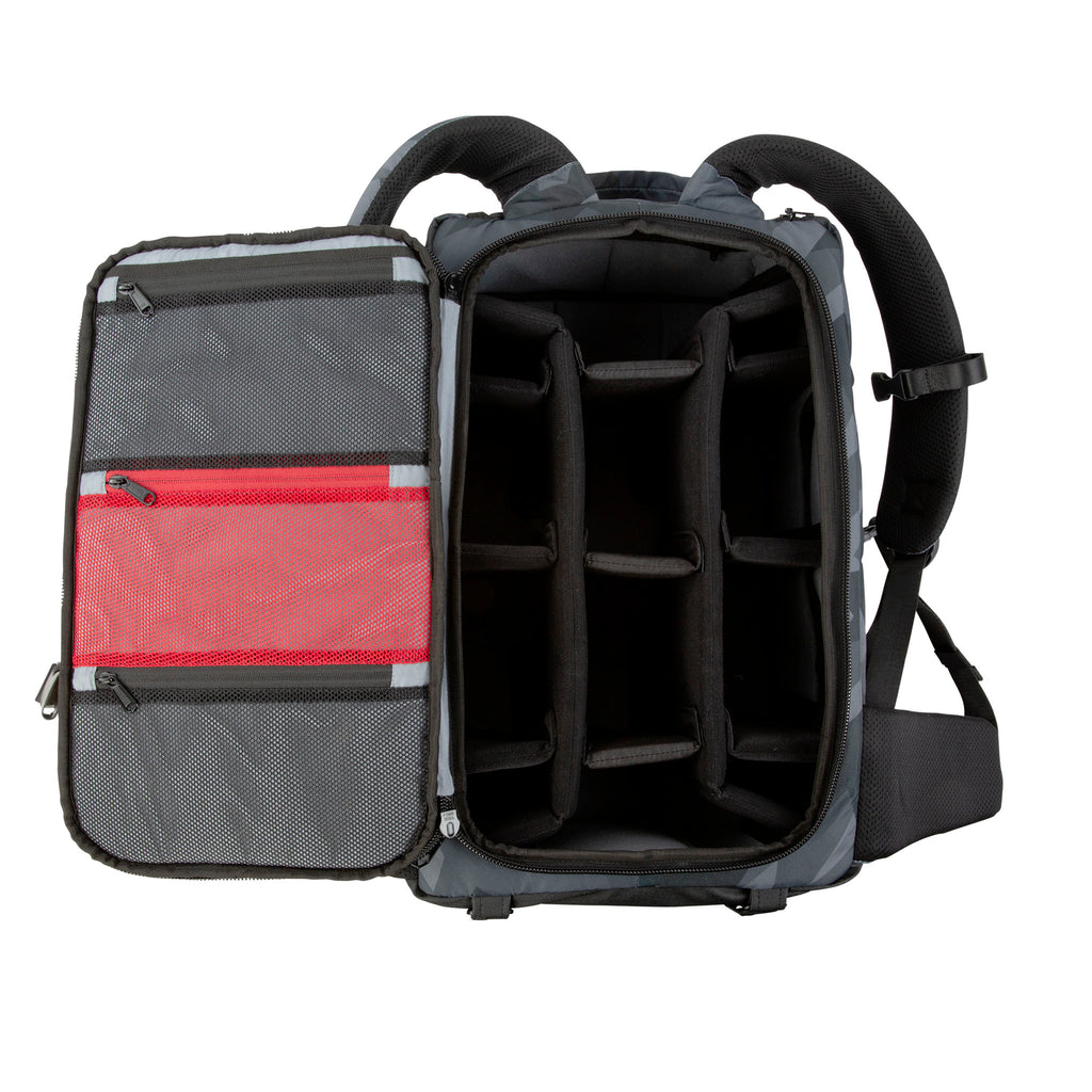 Glacier Cinema Backpack, Grey Camo. Front view with main compartment open, showing grey interior compartments and three accessory pockets.