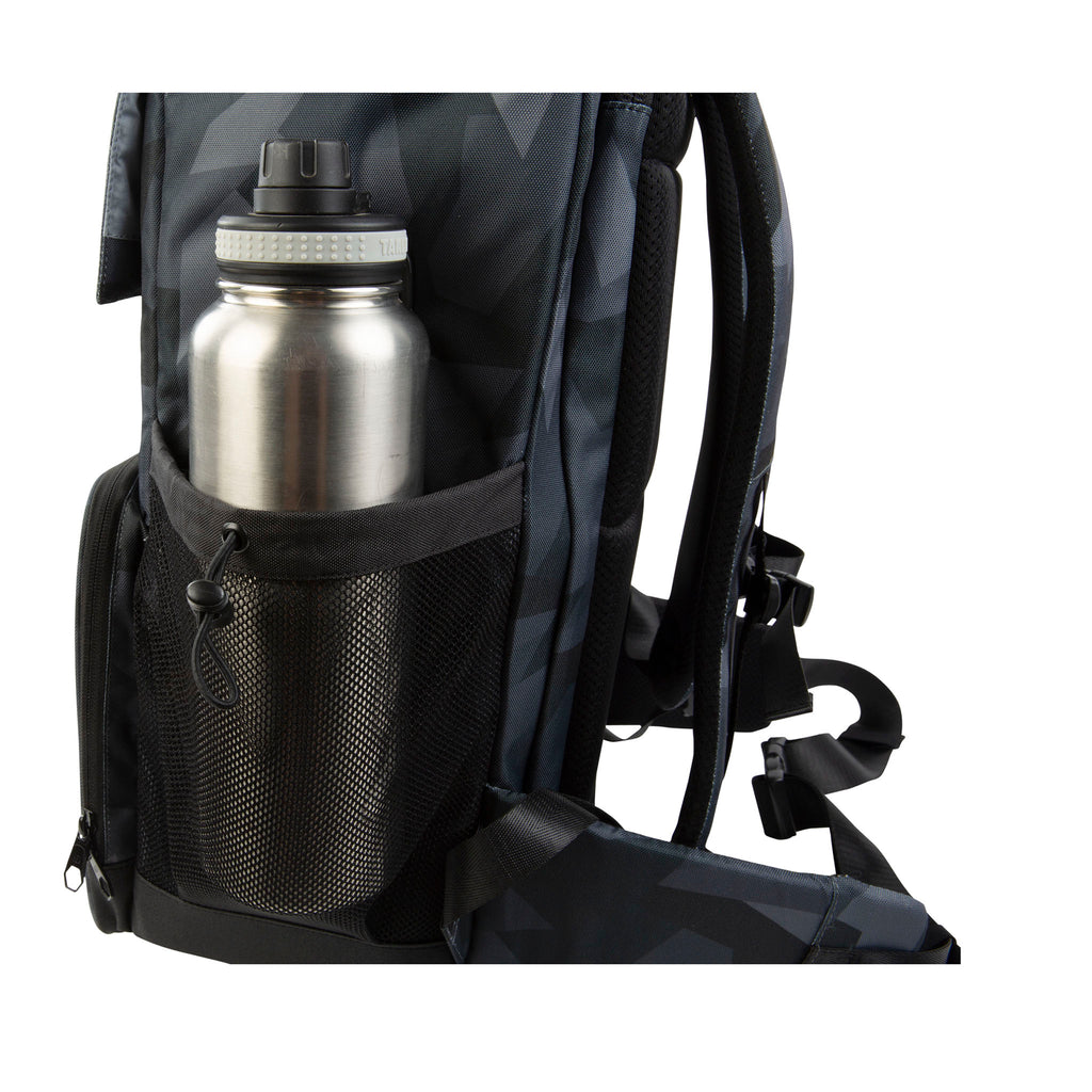 Glacier Cinema Backpack, Grey Camo. Side view, with metal water bottle in side pocket.