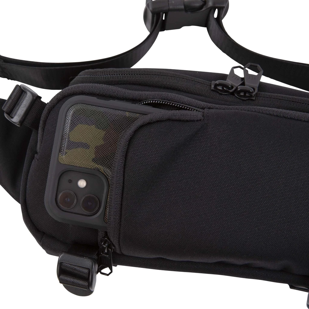 Close up of HEX Ranger DSLR Mini Sling, Black, phone storage compartment