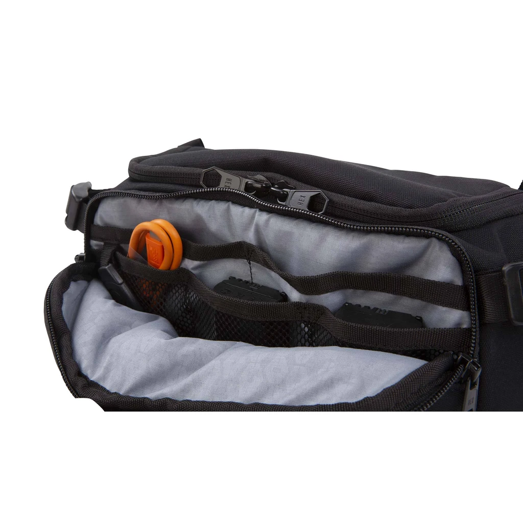 HEX Ranger DSLR Mini Sling, Black, front pocket unzipped with gear