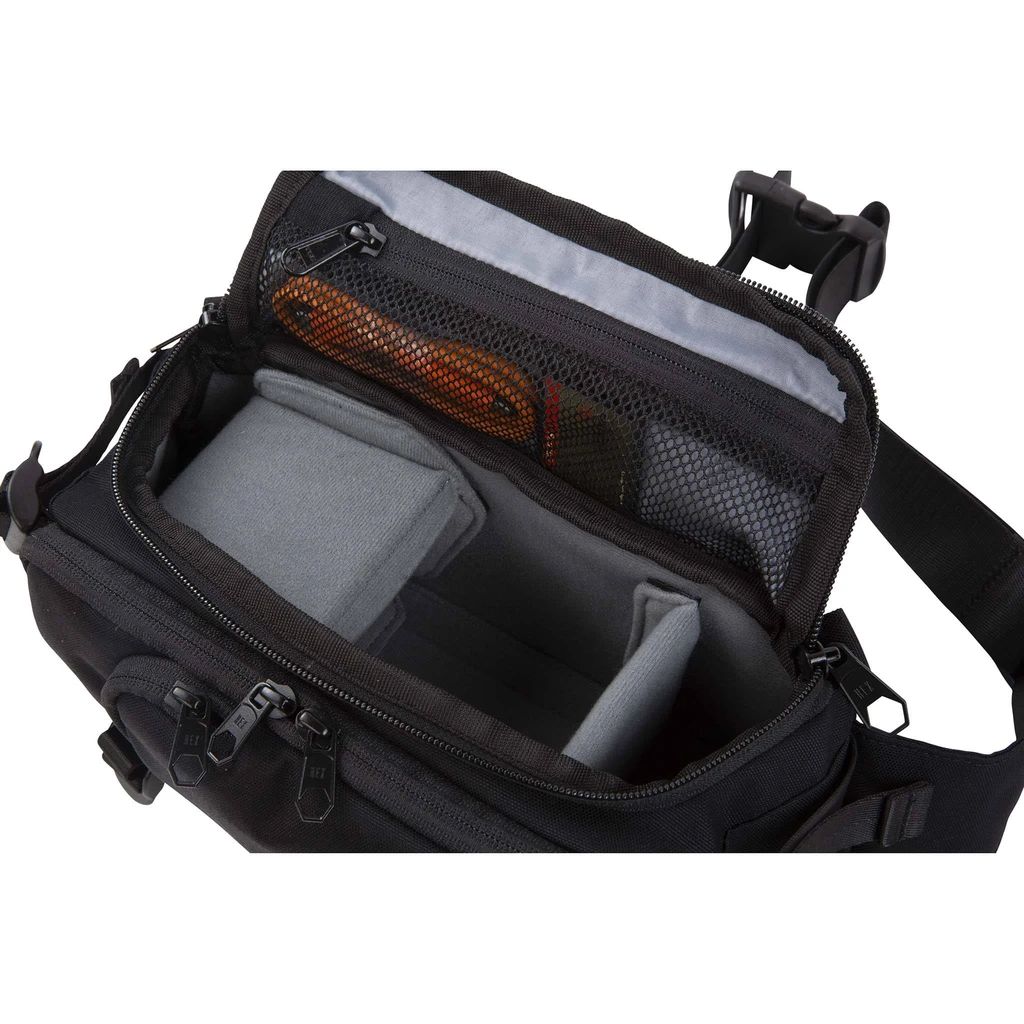 HEX Ranger DSLR Mini Sling, Black, main compartment open with collapsible interior dividers