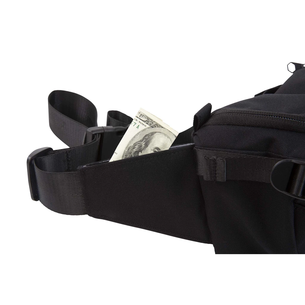 HEX Ranger DSLR Mini Sling, Black, side view of hidden velcro stash pocket holding money