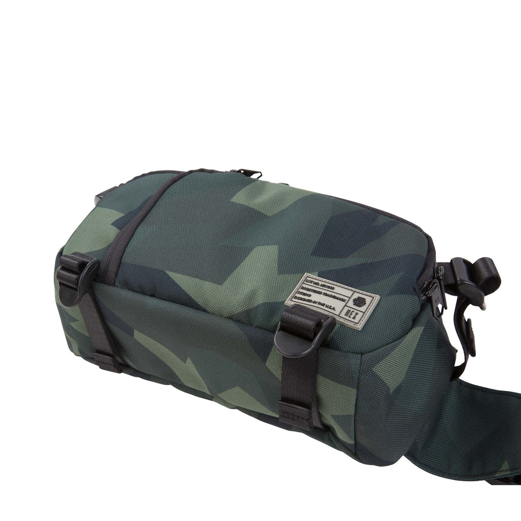 HEX Ranger DSLR Mini Sling, Camo, front and bottom view laying flat