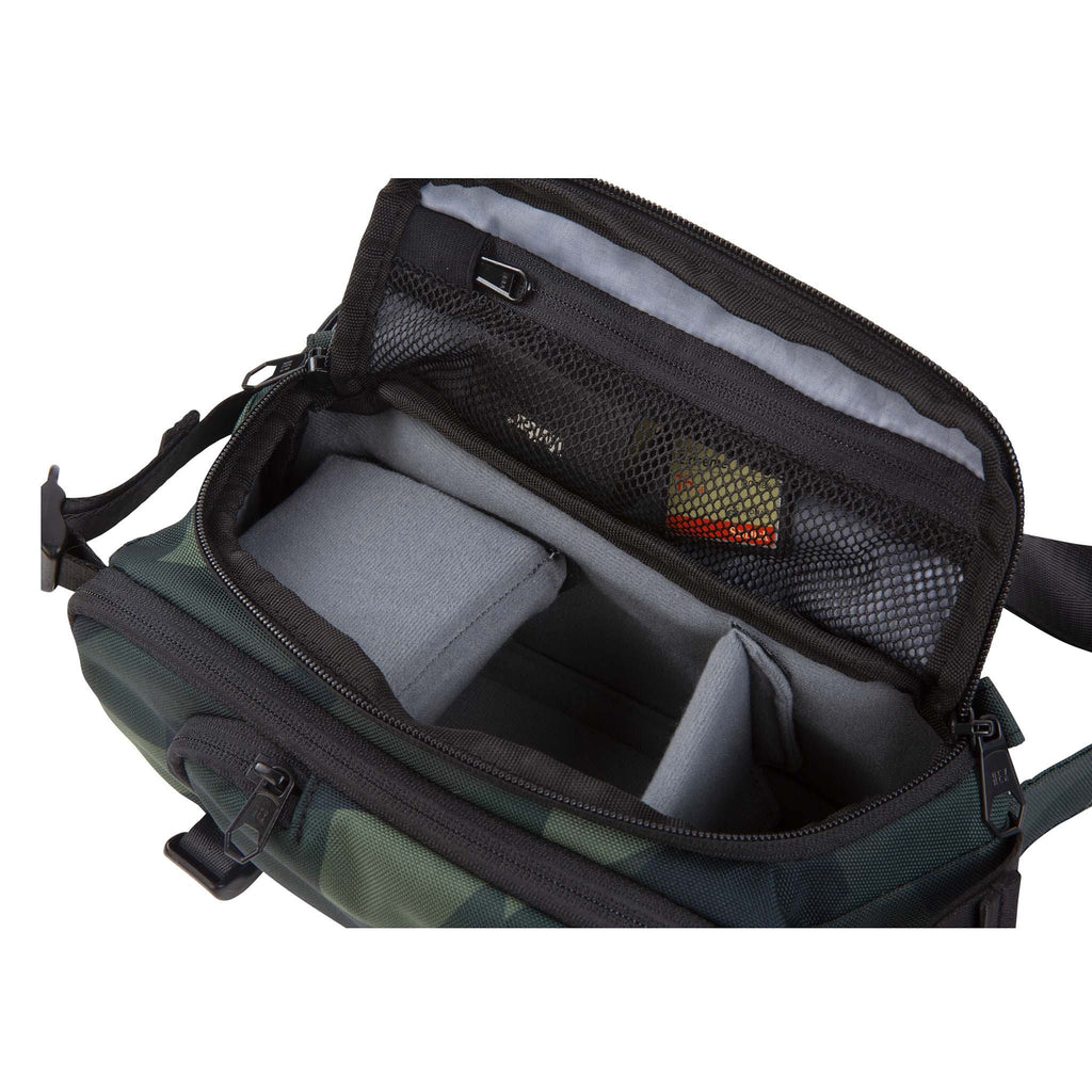 HEX Ranger DSLR Mini Sling, Camo, main compartment open with collapsible interior dividers