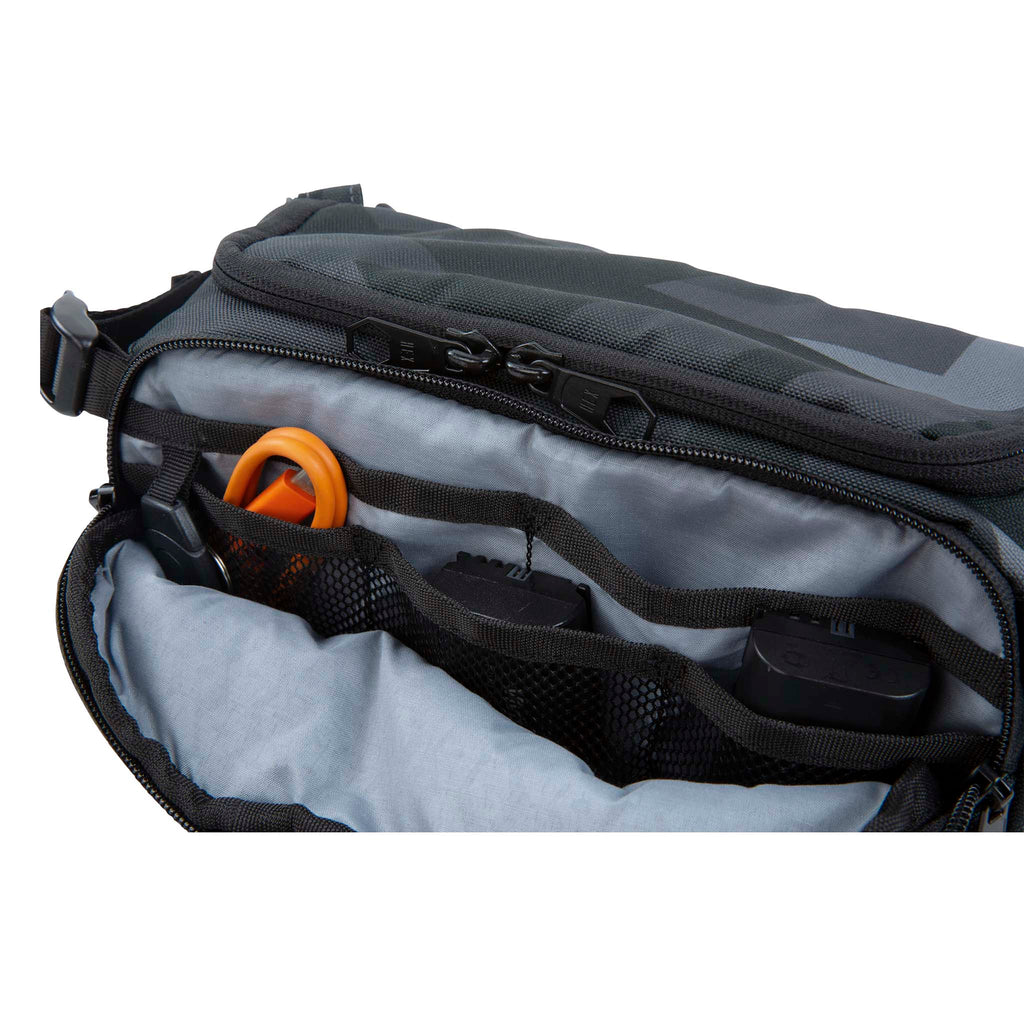 Ranger Gray Camo DSLR Mini Sling, Gray Camo, front pocket unzipped with gear