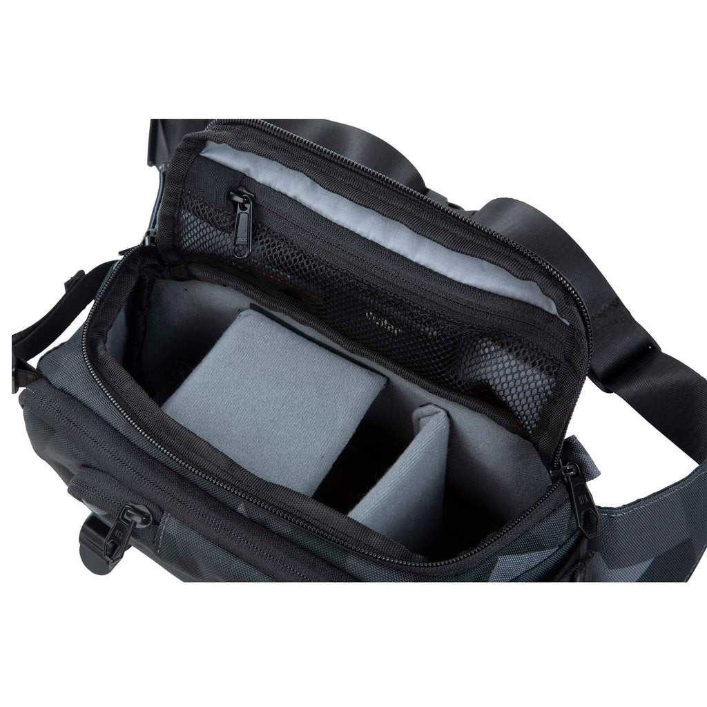 Ranger Gray Camo DSLR Mini Sling, Gray Camo, main compartment open with collapsible interior dividers