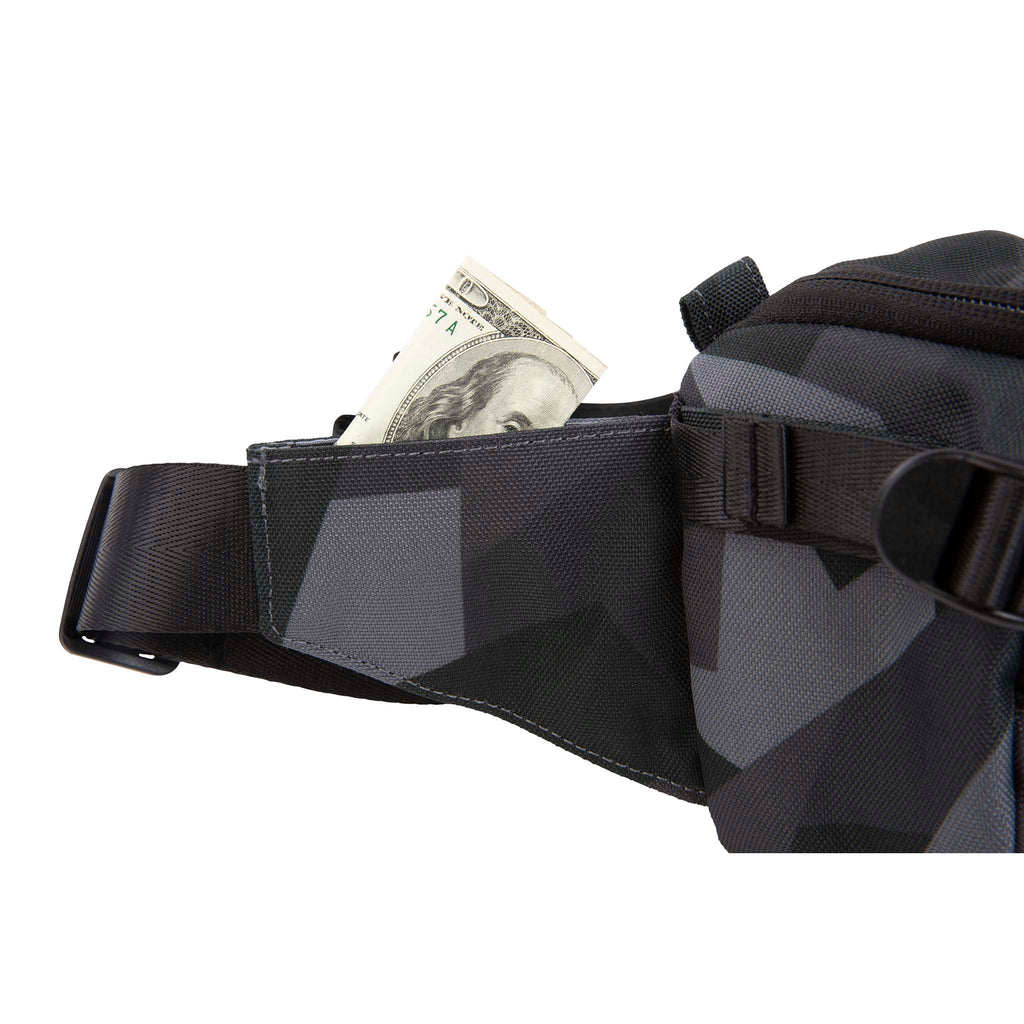 Ranger Gray Camo DSLR Mini Sling, Gray Camo, side view of hidden velcro stash pocket holding money